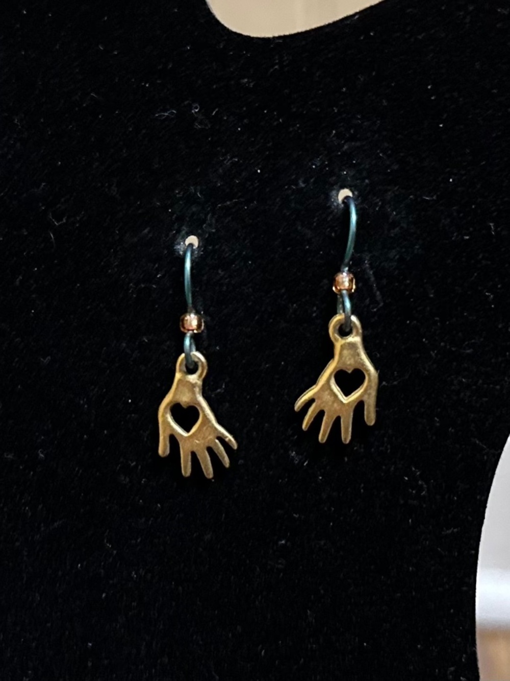 Heart-in-Hand Gold-tone Teal Hook Drop Earrings